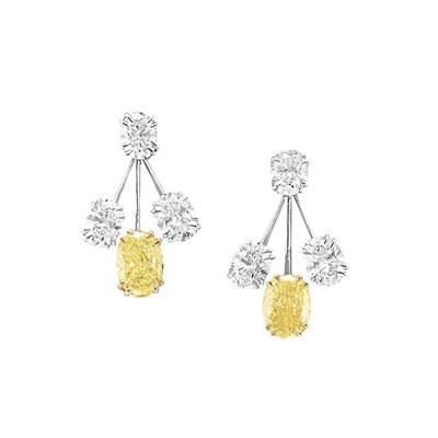 Lot 161 - Pair of Platinum, Diamond and Yellow Diamond Pendant-Earrings