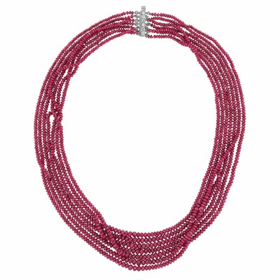 Lot 99 - Seven Strand Ruby Bead Necklace with White Gold and Diamond Bar Clasp