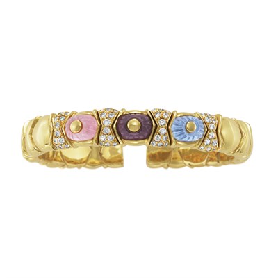 Lot 87 - Gold, Fluted Colored Stone and Diamond Bangle Bracelet