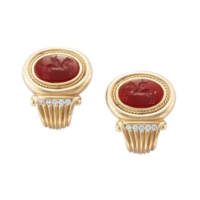 Lot 60 - Pair of Gold, Carnelian Intaglio and Diamond Earclips