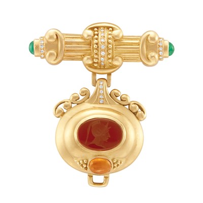 Lot 59 - Gold, Carnelian Intaglio, Diamond and Cabochon Emerald and Citrine Pendant Bar Brooch