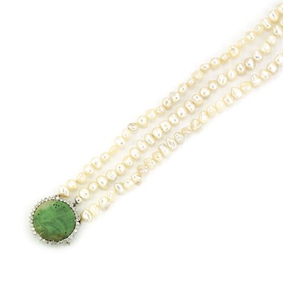 Lot 413 - Triple Strand Biwa Pearl Bracelet with Carved Jade and Diamond Clasp