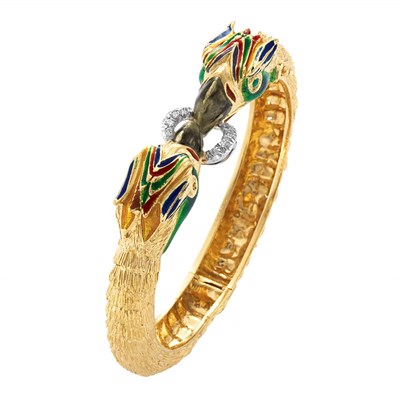Lot 180 - Gold, Enamel and Diamond Parrot Bangle Bracelet
