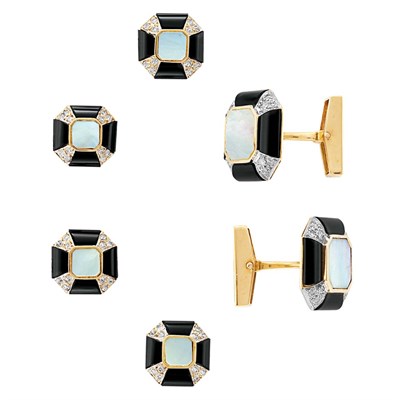Lot 69 - Gold, Black Onyx, Mother-of-Pearl and Diamond Dress Set