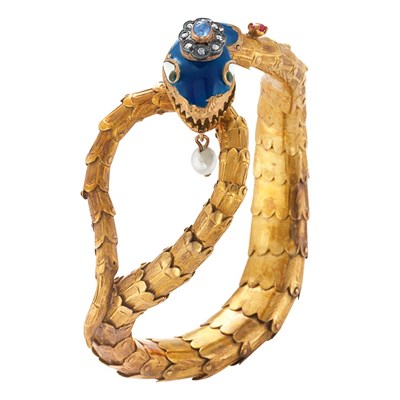 Lot 302 - Gold, Silver, Enamel, Diamond, Gem-Set and Cultured Pearl Snake Bracelet