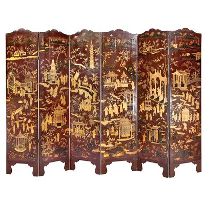 Lot 485 - Chinese Lacquered Six-Panel Screen 19th...