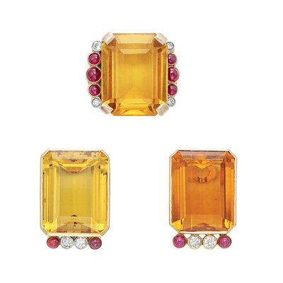 Lot 119 - Pair of Gold, Citrine, Cabochon Ruby and Diamond Earclips and Ring