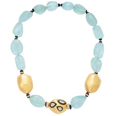 Lot 424 - Tumbled Aquamarine, Black Onyx and Gold Bead Necklace with Gold, Black Onyx and Diamond Clasp, Sabbadini