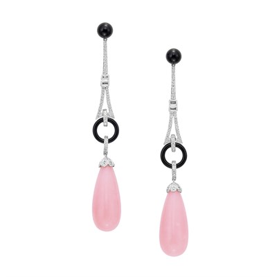 Lot 37 - Pair of White Gold, Pink Opal, Black Onyx and Diamond Pendant-Earrings