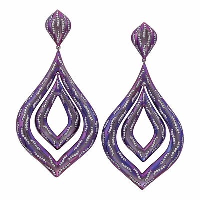 Lot 418 - Pair of Purple Titanium and Diamond Pendant-Earrings