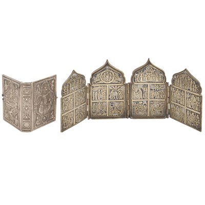 Lot 277 - Enameled Brass Four-Panel Folding Icon;...