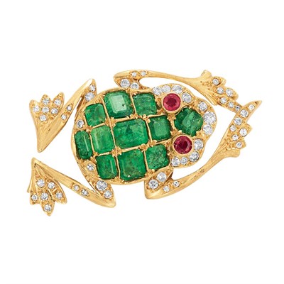 Lot 396 - Gold, Emerald, Diamond and Ruby Frog Brooch, G. Nardi