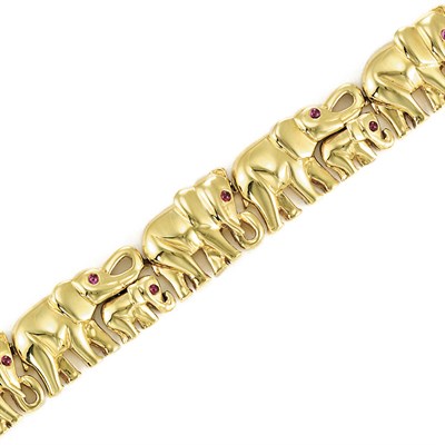Lot 336 - Gold and Cabochon Ruby Elephant Bracelet