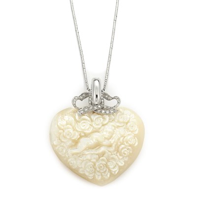 Lot 477 - Large Carved Mother-of-Pearl, White Gold and Diamond Heart Pendant with White Gold Chain
