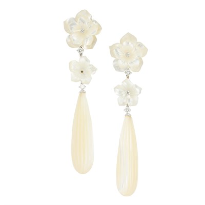 Lot 249 - Pair of White Gold, Carved Mother-of-Pearl and Diamond Pendant-Earrings