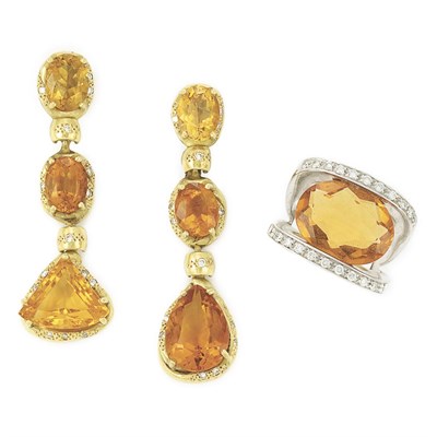 Lot 577 - Pair of Gold and Citrine Pendant-Earrings and White Gold, Citrine and Diamond Ring