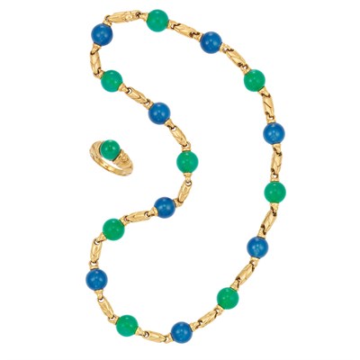 Lot 393 - Gold and Dyed Blue and Green Chalcedony Bead Necklace and Ring, Bulgari