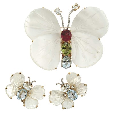 Lot 184 - Gold, Carved Mother-of-Pearl, Gem-Set and Diamond Butterfly Clip-Brooch and Pair of Earrings