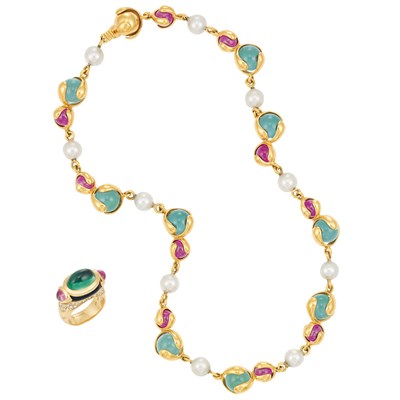 Lot 422 - Gold, Colored Bead and Cultured Pearl Necklace and Gem-Set Ring, Marina B