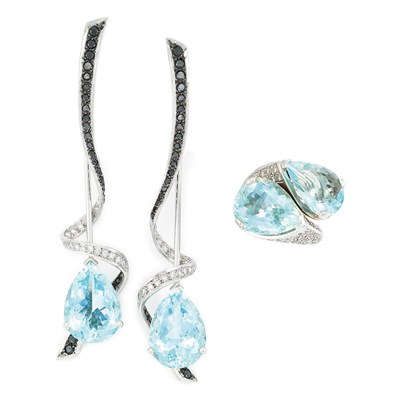Lot 684 - Pair of White Gold, Aquamarine, Diamond and Sapphire Pendant-Earrings and Crossover Ring