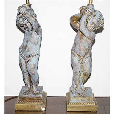 Lot 520 - Pair of Composition Putti-Form Lamps Height 20...