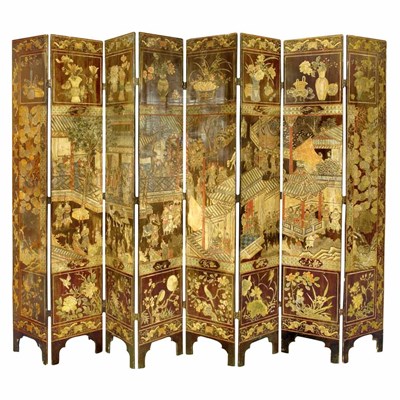 Lot 362 - Chinese Brown Lacquered Eight-Panel Screen...