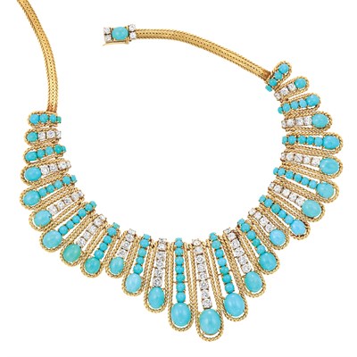 Lot 523 - Gold, Turquoise and Diamond Fringe Necklace