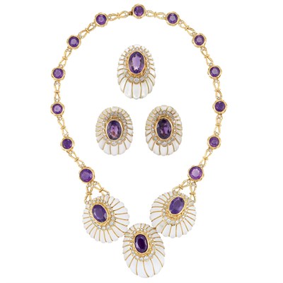 Lot 205 - Gold, Amethyst, Frosted Rock Crystal and Diamond Necklace, Pair of Earclips and Ring