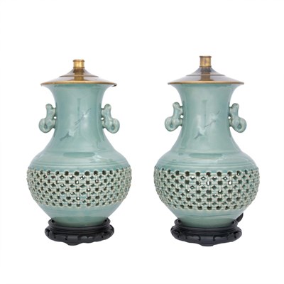 Lot 281 - Pair of Korean Celadon Porcelain Vases Each...