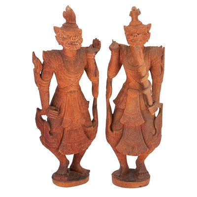 Lot 82 - Two Thai Carved Wood Figures of Guardians...