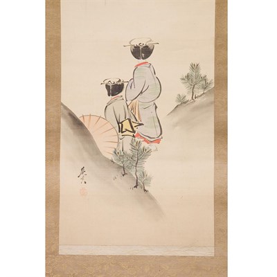 Lot 469A - Japanese Ink on Silk Scroll Depicting ladies...