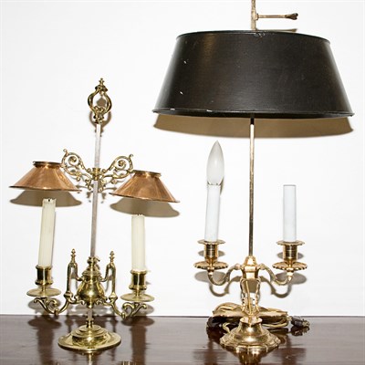 Lot 324 - Two Georgian Style Brass Bouillotte Lamps...