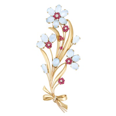 Lot 583 - Gold, Moonstone, Ruby and Diamond Flower Brooch