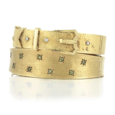 Lot 439 - Two Gold, Diamond and Emerald Bangle Bracelets
