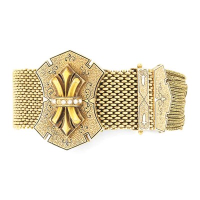 Lot 136 - Antique Gold, Black Enamel and Split Pearl Slide Fringe Bracelet