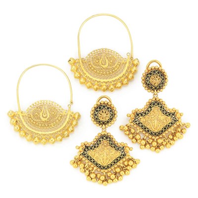 Lot 498 - Two Pairs of Indian High Karat Gold Pendant-Earrings