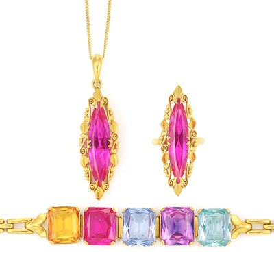 Lot 112 - Gold and Synthetic Colored Stone Bracelet, Ring and Pendant with High Karat Gold Chain