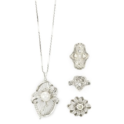 Lot 845 - Three White Gold and Diamond Rings and Cultured Pearl Pendant with Chain