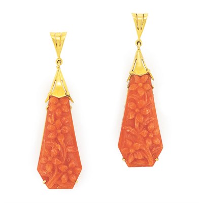 Lot 8 - Pair of High Karat Gold and Carved Coral Pendant-Earrings