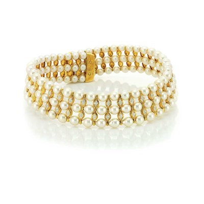 Lot 291 - Triple Strand Cultured Pearl, Gold and Diamond Choker Necklace