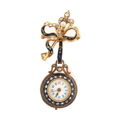 Lot 349 - Antique Gold, Enamel, Diamond and Pearl Lapel Watch