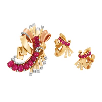 Lot 205 - Gold, Platinum, Cabochon Ruby and Diamond Clip-Brooch and Pair of Earclips, Trabert & Hoeffer, Mauboussin
