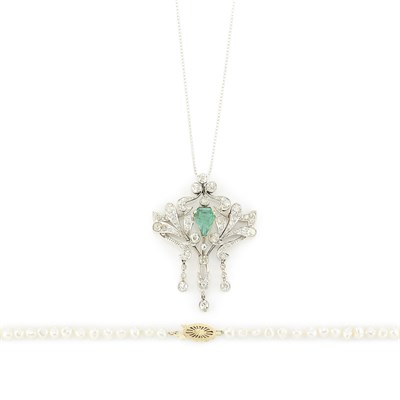 Lot 752 - Platinum, Gold, Diamond and Emerald Pendant with Silver Chain and Loose Pearls