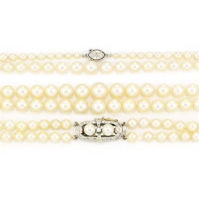 Lot 599 - Two Cultured Pearl Necklaces with Diamond Clasps