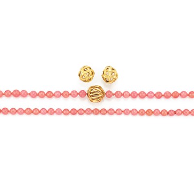 Lot 426 - Rhodochrosite Bead Necklace with Gold Clasp, Tiffany & Co., and Pair of Gold Earclips, Angela Cummings