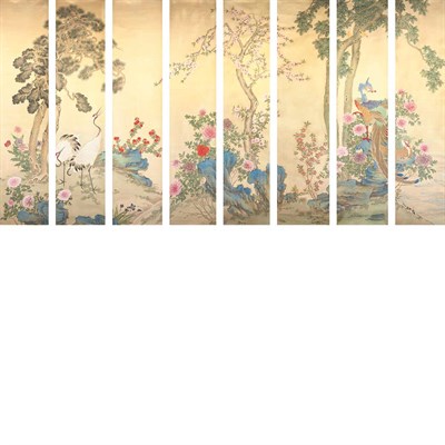 Lot 320 - Set of Eight Chinese Hand-Painted Wallpaper...