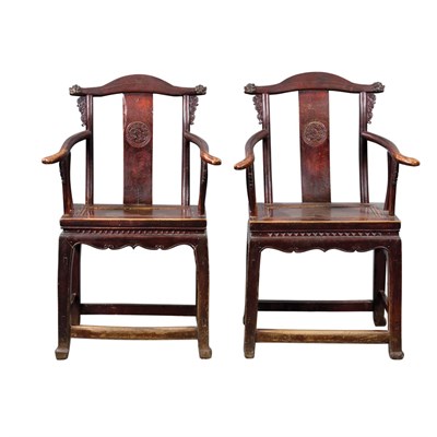 Lot 379 - Pair of Chinese Elmwood Armchairs 19th Century...