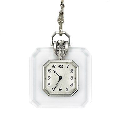 Lot 123 - Art Deco Platinum, Diamond and Rock Crystal Pendant-Watch with White Gold Watch Chain