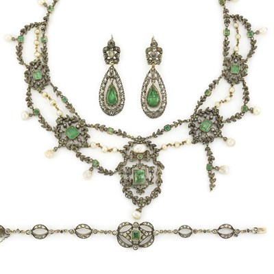 Lot 320 - Antique Silver, Gold, Diamond and Freshwater Pearl Necklace, Bracelet and Pair of Pendant-Earrings
