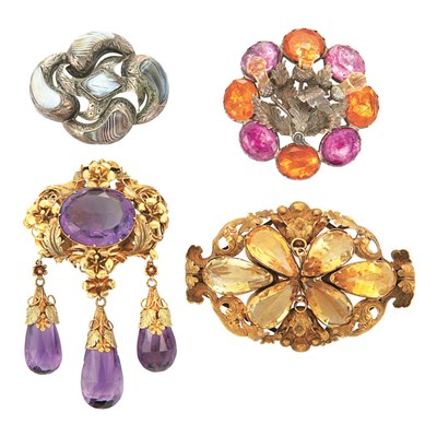 Lot 505 - Three Antique Gold, Silver and Stone Brooches and Scottish Agate Brooch